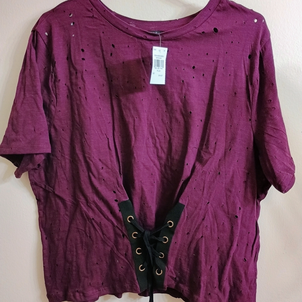 Iris Maroon Distressed Lace-Up Tee